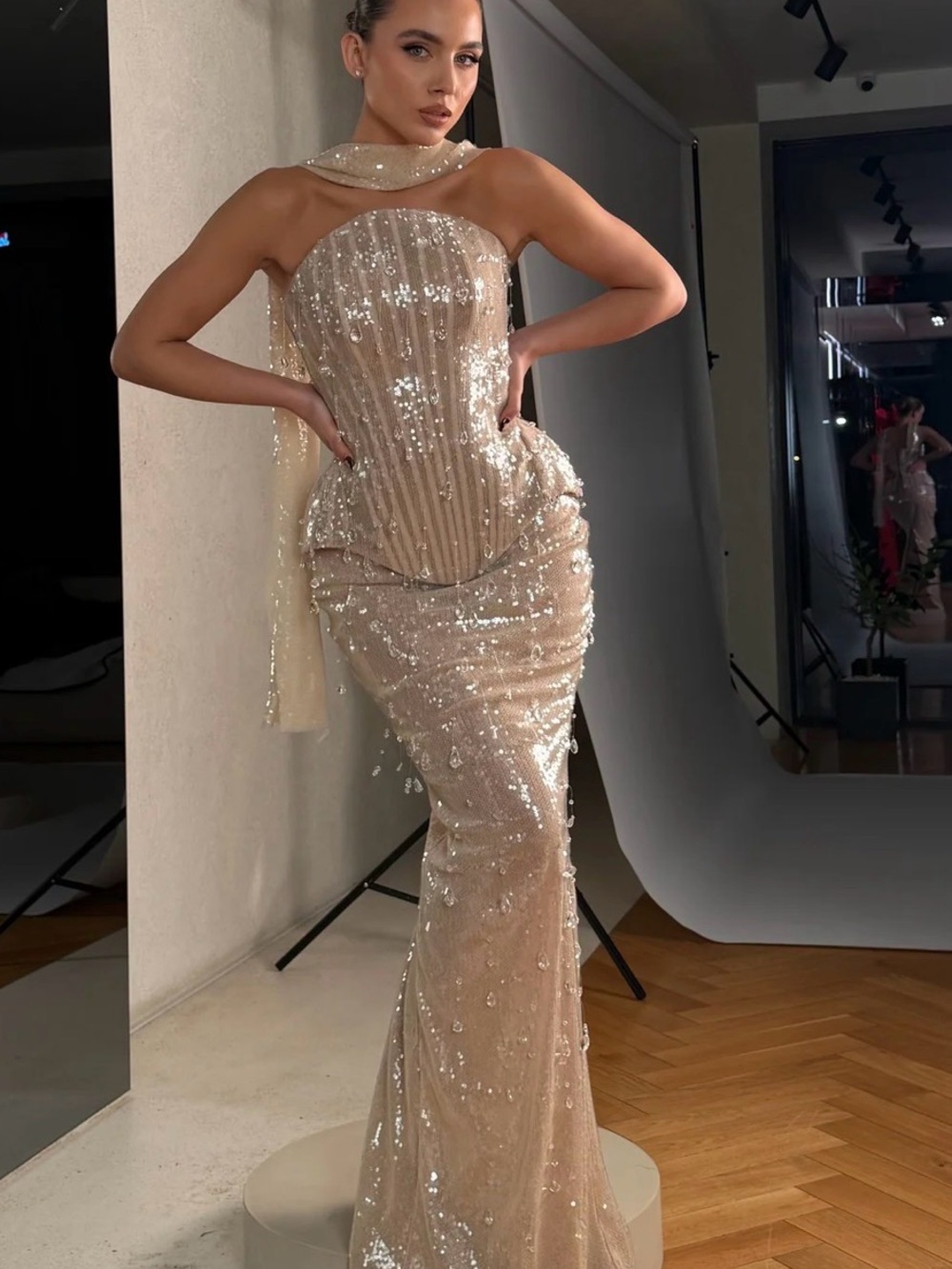 Sequined Nude corset set with Draped Scarf